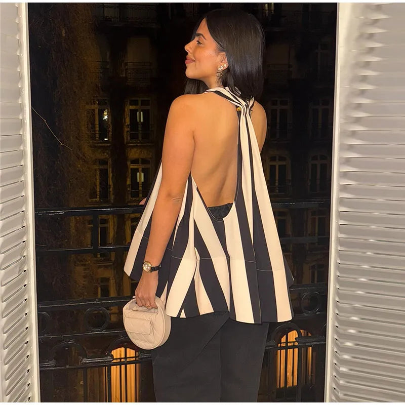 Aiertu  -  Trendy Sleeveless Striped Hang Neck Women Top Loose V-neck Backless A-line Vest 2026 New Season Casual Holiday Female Tops Aiertu