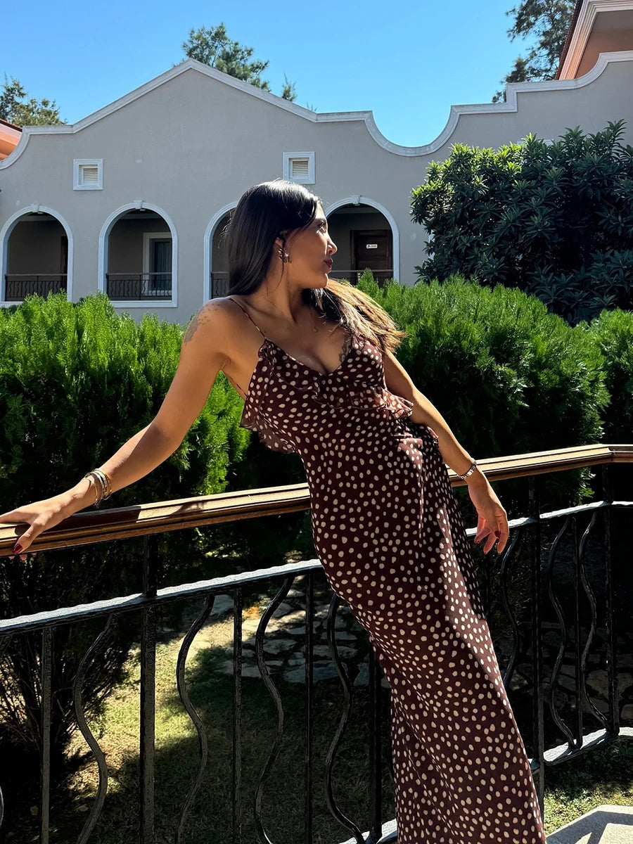 Aiertu  -  Dots Long Dresses Women 2025 New Sexy V Neck Ruffle Sleeveless Maxi Dress Summer Elegant Vintage Fashion Backless Vestidos Aiertu