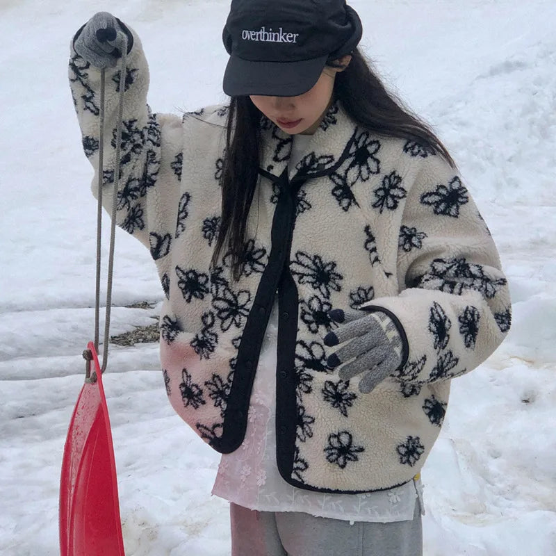 Aiertu  -  Sweet Flower Pattern Double-Sided Wear Outerwear Korean Series Faux Lamb Wool Jacket Women Winter Clothing Loose Warm Thick Coat Aiertu