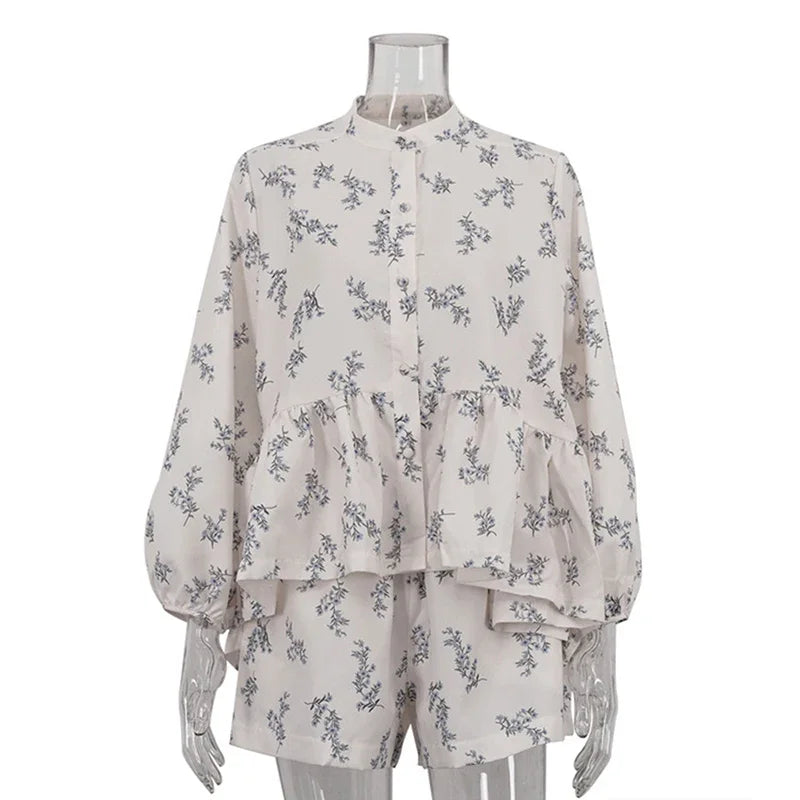 Aiertu  -  Print Shorts Suit Women's Chic Puff Sleeve Ruffled Splice T-Shirt Loose Shorts Matching Set Female Fashion Autumn Outfits Aiertu