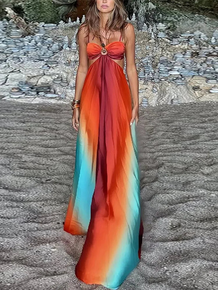 Aiertu  -  Fashion Panelled Dress Women Hollow Out Sling Backless A-line Floor-length Dresses Female 2025 Spring Summer Vacation Lady Robe Aiertu