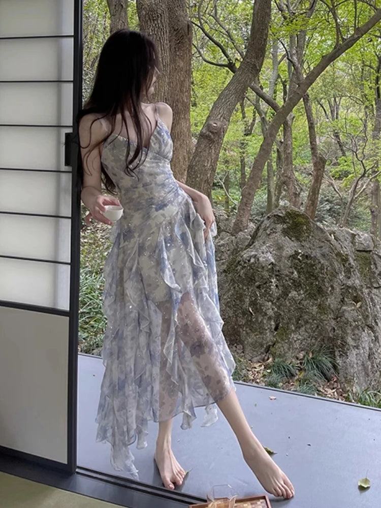 Aiertu  -  Elegant Floral Ruffles Fairy Holiday Dresses Summer New Women's Irregular Spaghetti Straps One Piece Korean Party Dress Clothes Aiertu