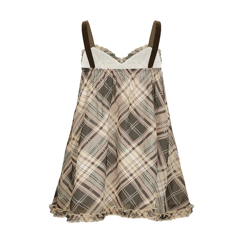 Aiertu  Sweet Plaid Bow Cute Simple Camisole Dresses Tops Fashion All-Match Retro Women Home Clothing Aiertu