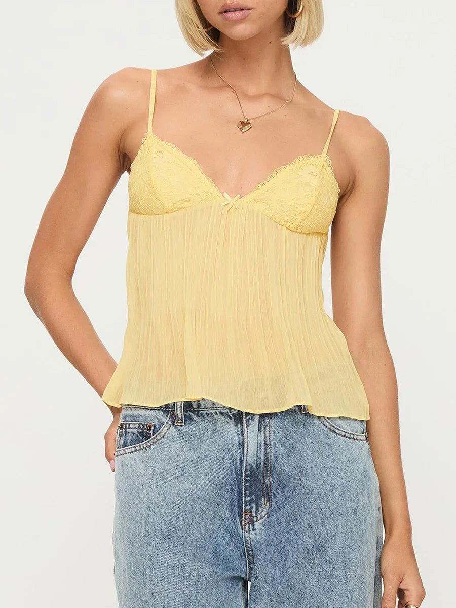 Aiertu  -  New Fashion Womens Pleated Camisole Mini Bowknot Front Spaghetti Strap V-Neck Lace Cropped Tops Club Street Style Hot Sale S-XL Aiertu