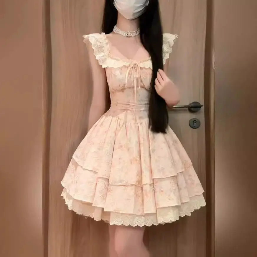 Aiertu  -  Hot Girl Lace Flying Sleeve Floral Dress for Women's Summer Slim Fit Square Collar A-line Short Dress Fashion Female Clothes Aiertu