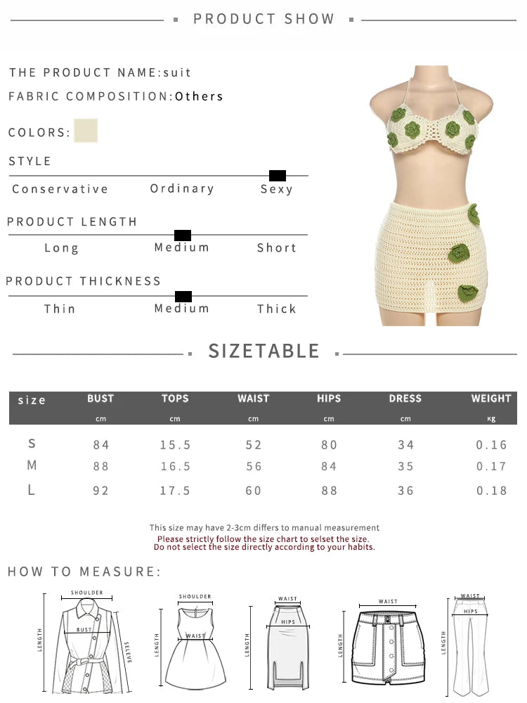 Aiertu  -  Sexy Crochet Applique 2 Piece Set Women Hollow See Through Halter Bra+Peach Hip Skirts Beach Vacation Matching Clubwear Aiertu