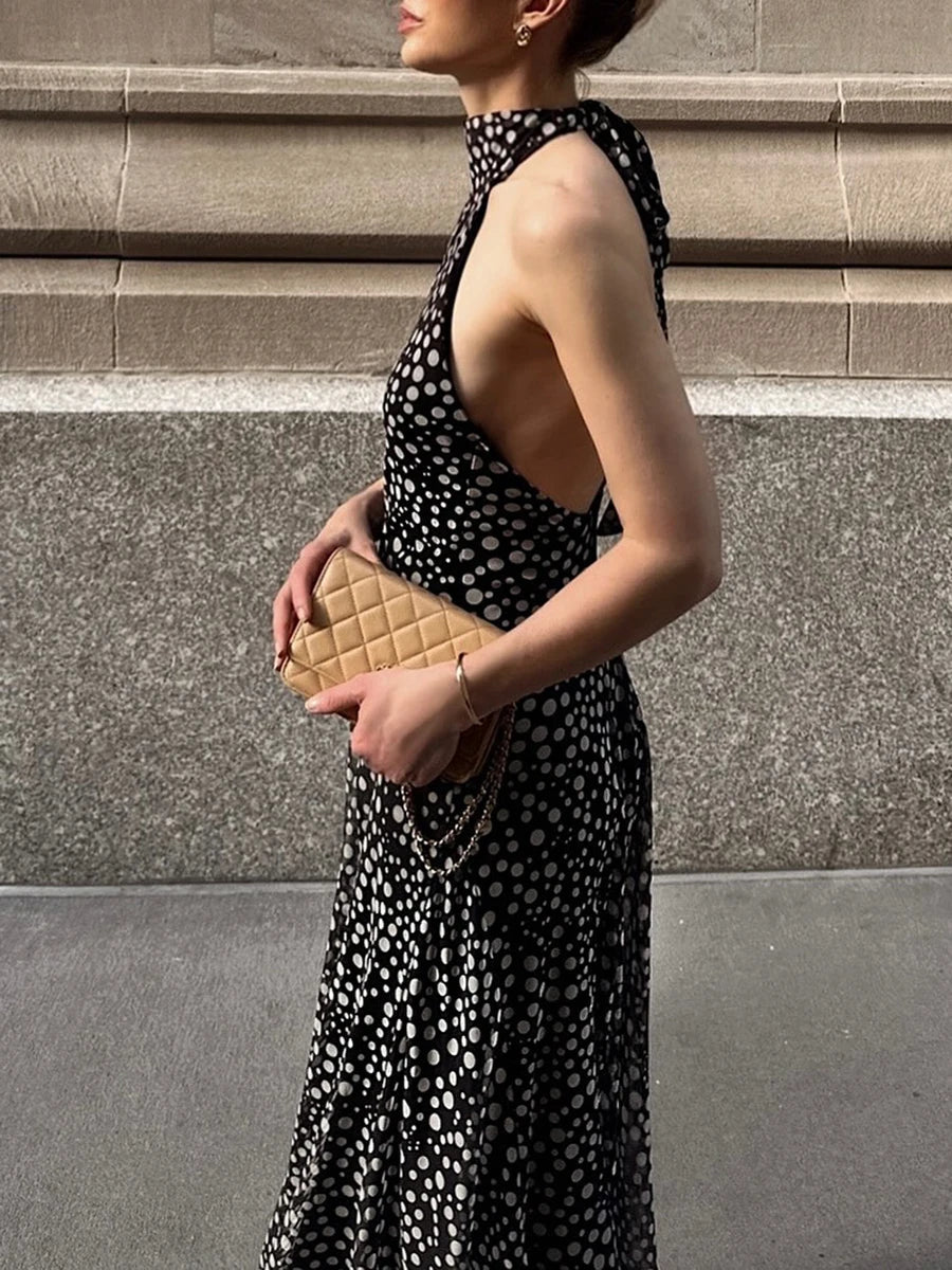 Aiertu  -  Sexy Spliced Dot Print Maxi Dress for Women Halter Neck Off Shoulder High Waist Temperament Folds Dresses Female Aiertu