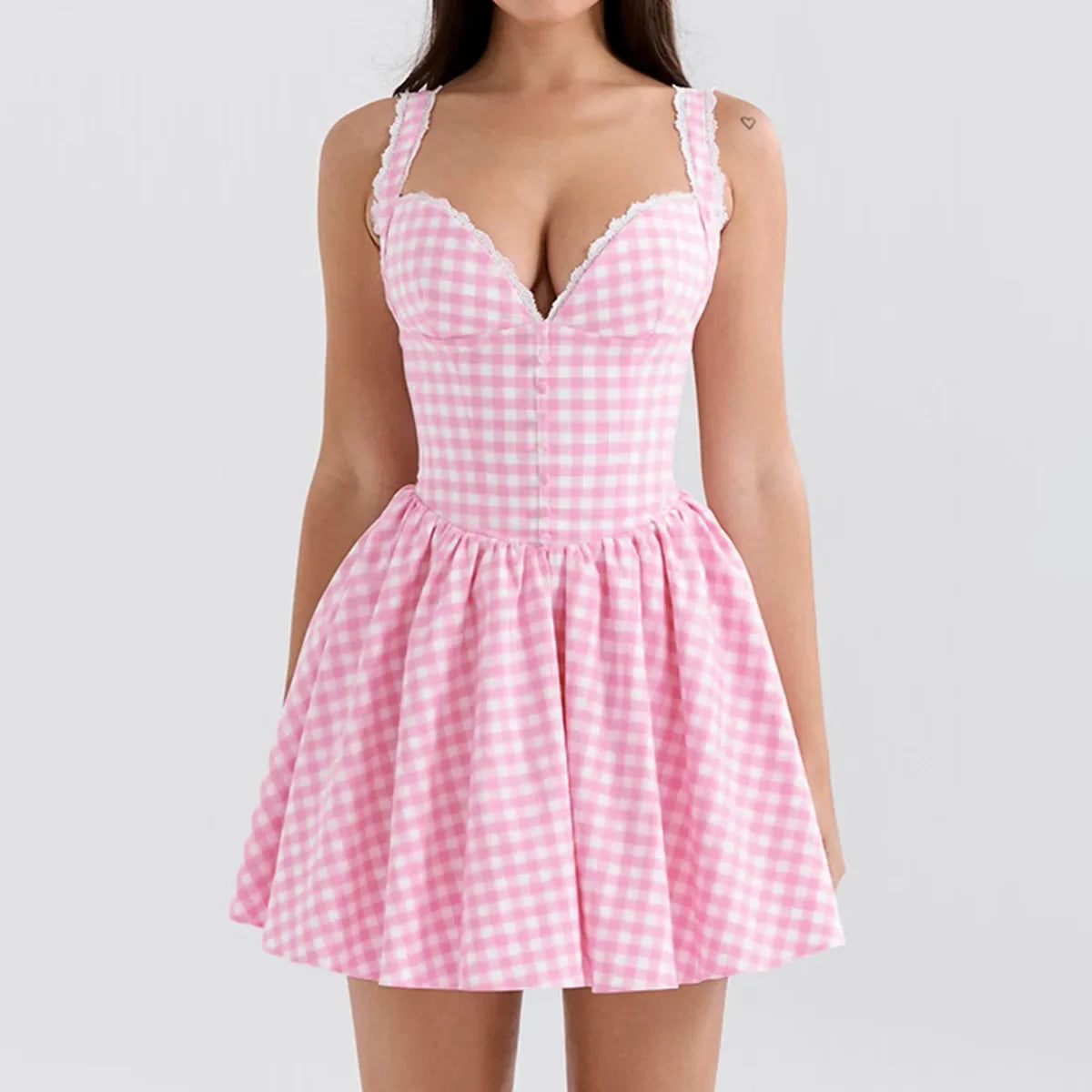 Aiertu  -  Sexy Summer Mini Plaid Dress New Arrivals V Neck Spaghetti Strap Dress Fluffy Skirt  A Line Women's Clothing Aiertu