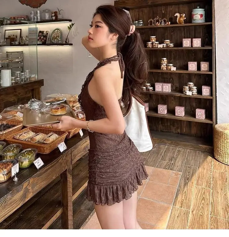 Aiertu  -  Sexy retro vacation ruffle edge deep V halter neck dress female slim slim slim skirt Aiertu