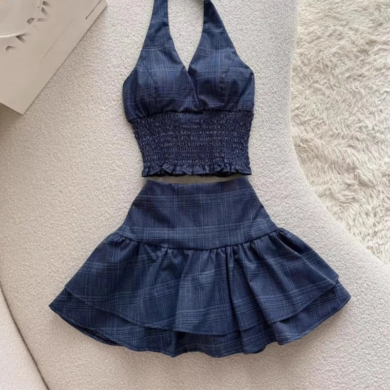 Aiertu  -  French Retro Plaid Skirt 2 piece Set Women Summer Sleeveless Backless Halter Tops + Mini Cake Skirts High Street Suit 2025 Aiertu