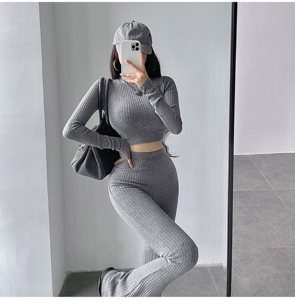 Aiertus Solid Color Ribbed Slim Long Sleeve Cropped Top High Waist Pants Matching Set Aiertu