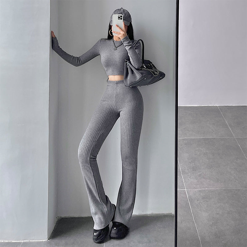Aiertus Solid Color Ribbed Slim Long Sleeve Cropped Top High Waist Pants Matching Set Aiertu