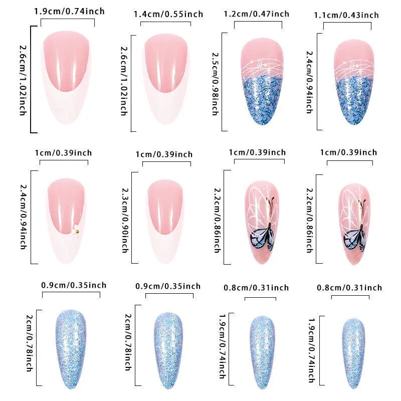 Aiertu  -  24PCS Retro French Fake Nail Art Glitter Simple Blue Sequin Butterfly Designs Almond Detachable Press on Nails Sweet False Nails Aiertu