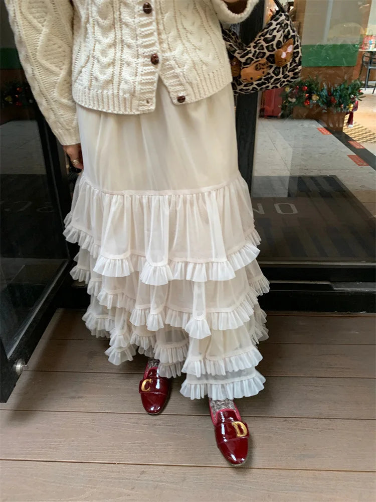 Aiertu  -  Sweet Chic Ruffle Mesh Tutu Cake Skirt Elastic Waist Beige Streetwear Long Skirt 2025 New Spring Summer A-line Fashion Skirts Aiertu