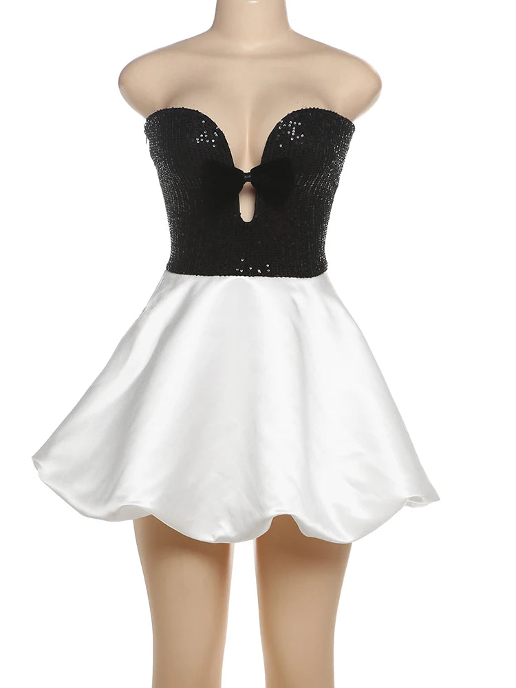 Aiertu  -  Sexy Sequins Patchwork Dress Women Hollow Puffy Contrast Backless Sleeveless Bow Midnight Clubwear Party Mini Bodycon Aiertu