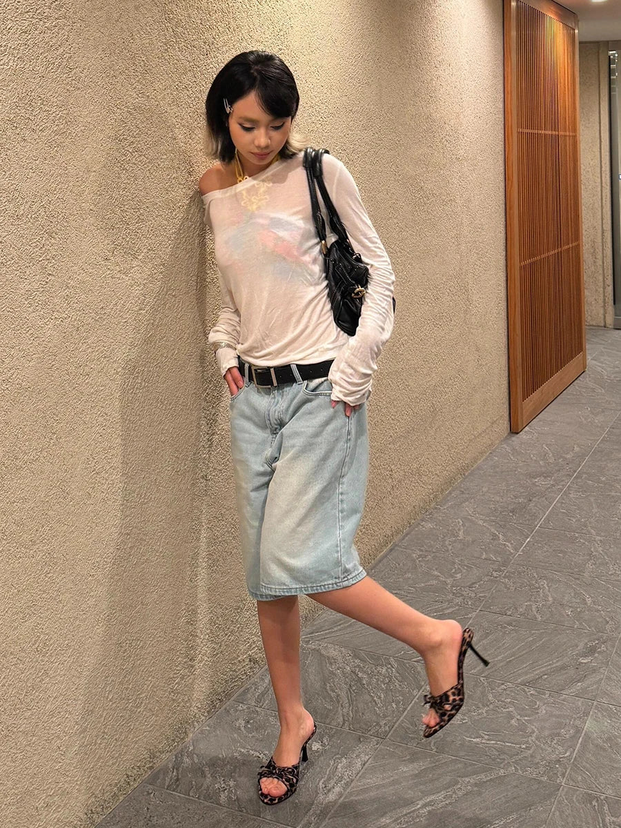 Aiertu  Light Blue Denim Bermuda Pants Women Summer Shorts Bleached Solid Straight Wide Leg Jeans Jorts Holiday Casual Clothes Aiertu