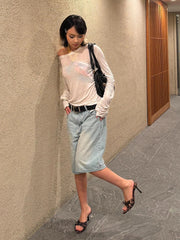 Aiertu  Light Blue Denim Bermuda Pants Women Summer Shorts Bleached Solid Straight Wide Leg Jeans Jorts Holiday Casual Clothes Aiertu