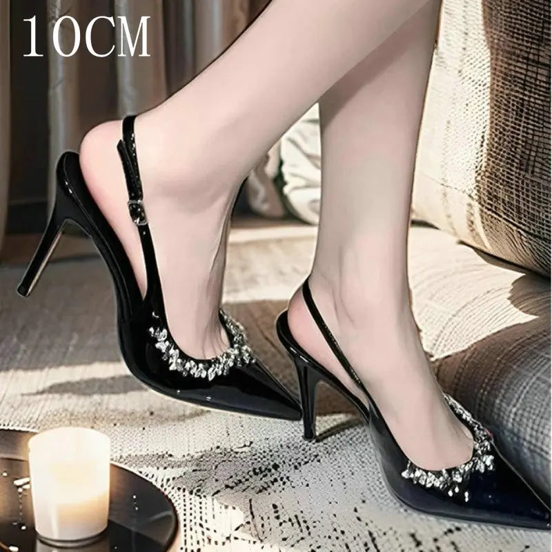Aiertu  -  Burgundy Diamond-Studded High-Heeled Shoes Women'S Pointy Patent Leather Sexy French Single Shoe Slim Heel Sandals Wedding Pumps Aiertu