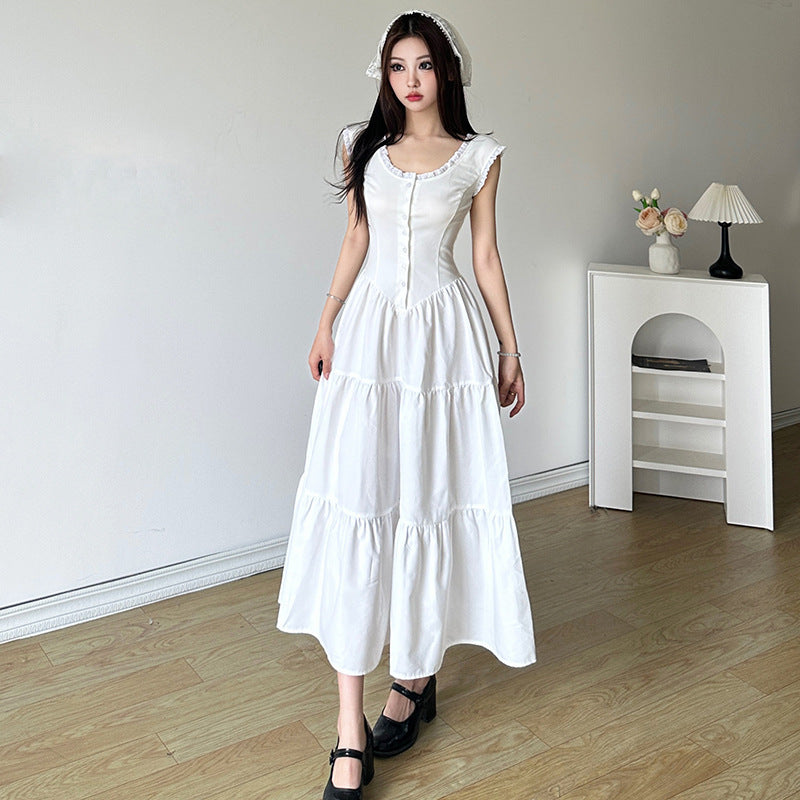 Aiertu - Women's Round Neck Single-breasted Sleeveless Stitching Lace Fresh Dress Aiertu