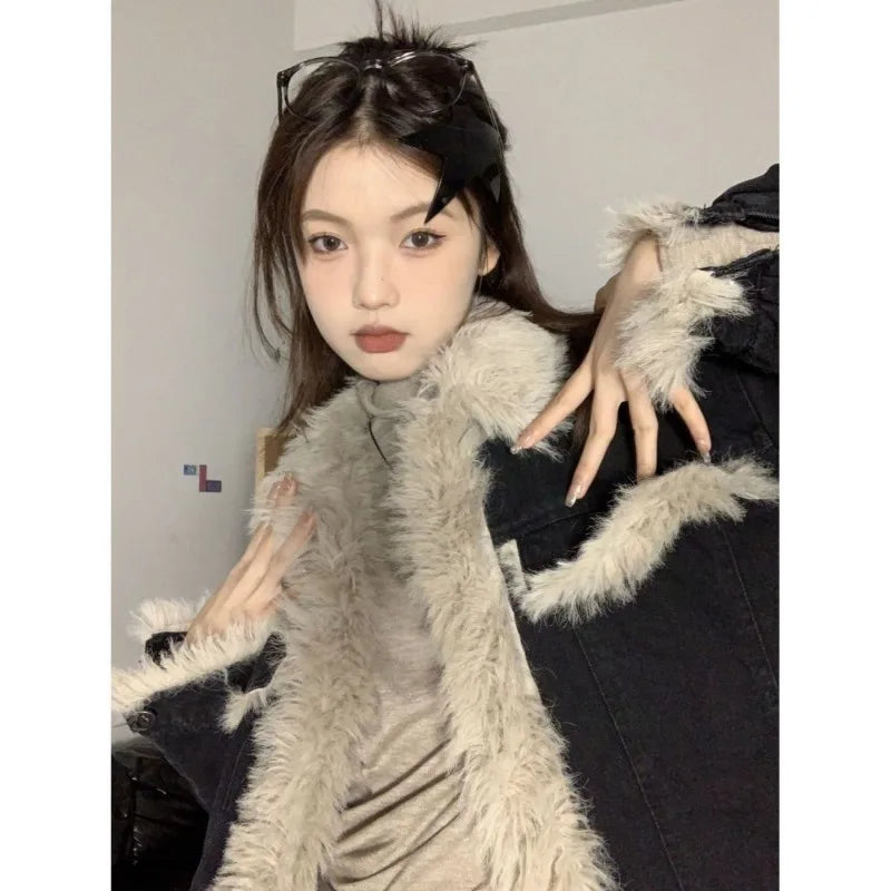 Aiertu  -  American Retro Fur Collar Black Cardigan Denim Jacket Women Autumn Winter New Plush Thickened Fashion Street Casual Jacket Aiertu