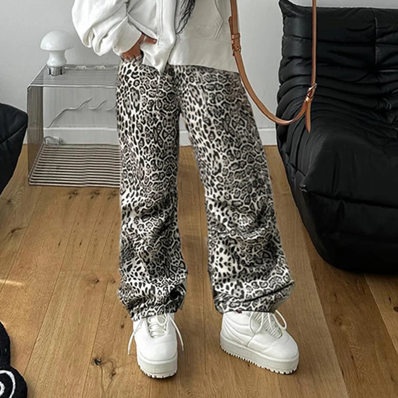 Aiertu  -  Leopard Print Fashion Wide Leg Pants Y2K Vintage High Street Hip Hop Straight Trousers Grunge Style Lady Joggers Fall Aiertu