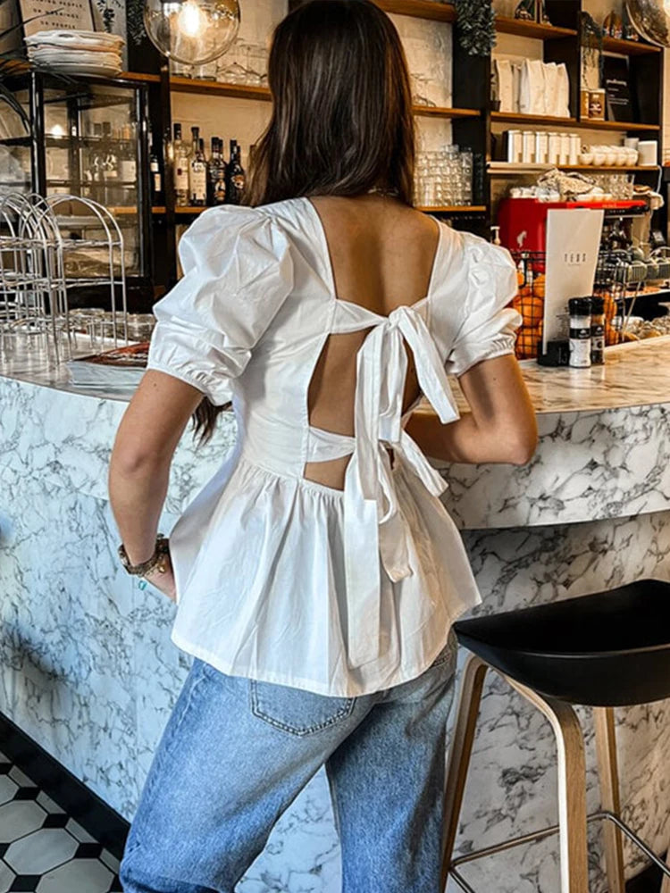 Aiertu  -  Back Lace Up Bow Shirt Top Square Collar Hollowed Out Casual Temperament Waist Cinching Summer Women White Short Sleeved Blouse Aiertu