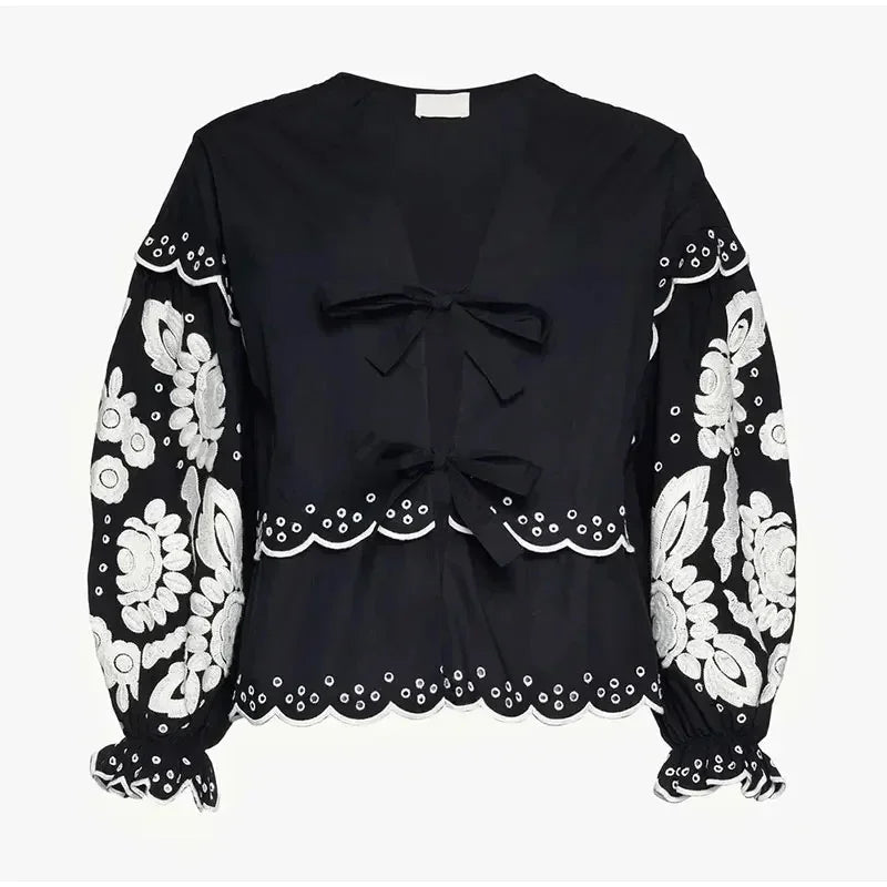 Aiertu  -  Casual Lace Up Women Embroidery Blouse V-neck Lantern Sleeve Blouse Wave Cut Eyelet Female Tops 2026 Spring Fashion Female Tops Aiertu