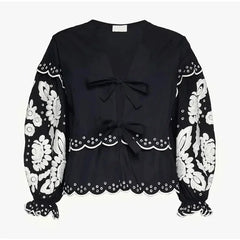Aiertu  -  Casual Lace Up Women Embroidery Blouse V-neck Lantern Sleeve Blouse Wave Cut Eyelet Female Tops 2026 Spring Fashion Female Tops Aiertu