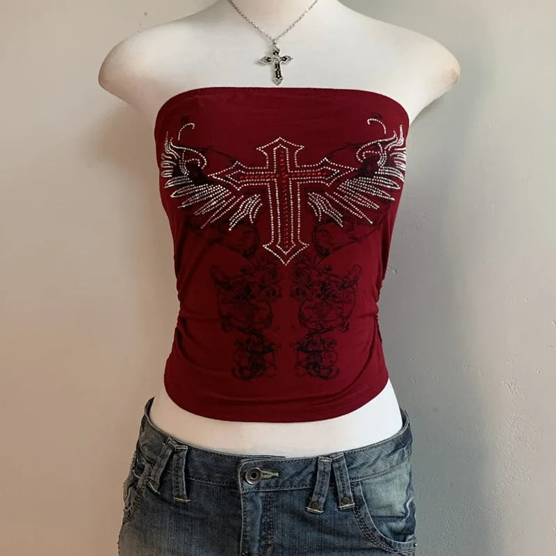 Aiertu  -  Y2K dark personality pattern printed tube top female niche hot girl outside wearing backless slim jacket Aiertu