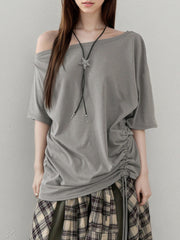 Aiertu  -  Solid Grey Loose Drawstring T-shirt Asymmetrical Off-shoulder Short Sleeve T Shirts Women Casual Summer Tees y2k Vintage Aiertu