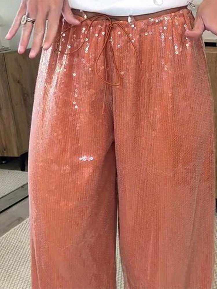 Aiertu  Loose Solid Color Sequin Pants Woman Cinched Waist Glitter Straight Baggy Long Pants Casual Street Chic Sparkle Women's Trousers Aiertu