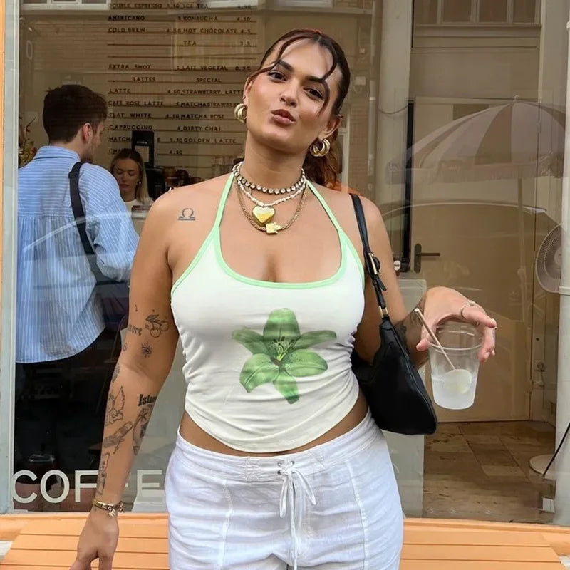 Aiertu  -  Woman Clothes Halter Off Shoulder Camisoles Y2K Girls Clothes Green White Patchwork Floral Print Corset Lace-up Skinny Crop Tops Aiertu