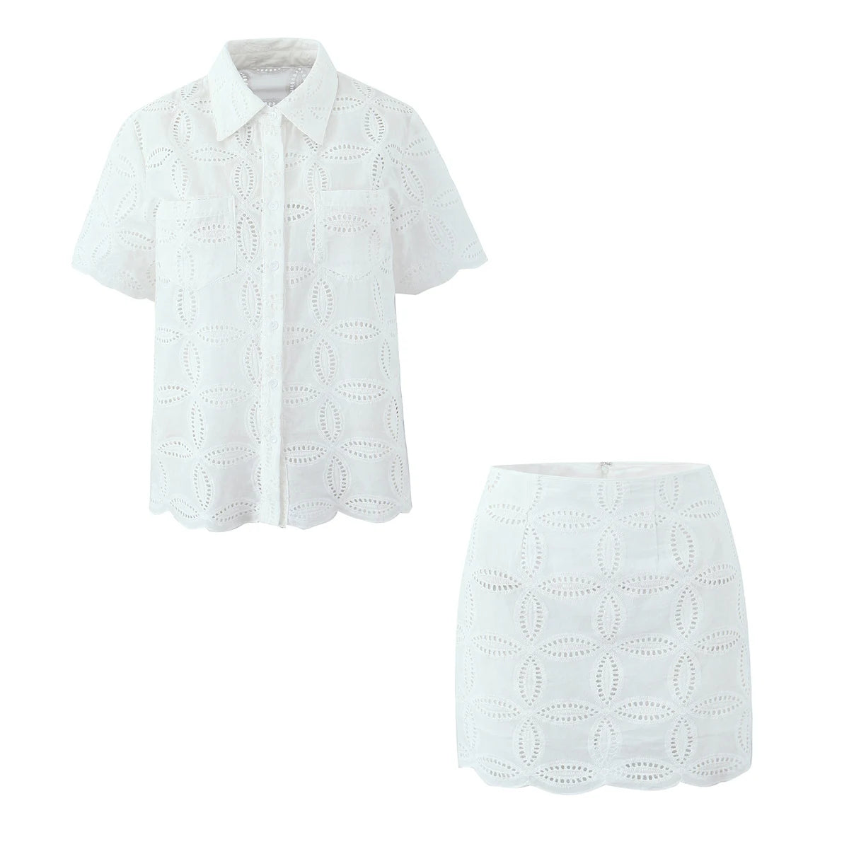 Aiertu  -  2 Pieces 1 Set 2025 Sexy Women White Embroidery Hole Loose Short Sleeve Shirt Back Zipper High Waist Package Hips Mini Skirts Aiertu