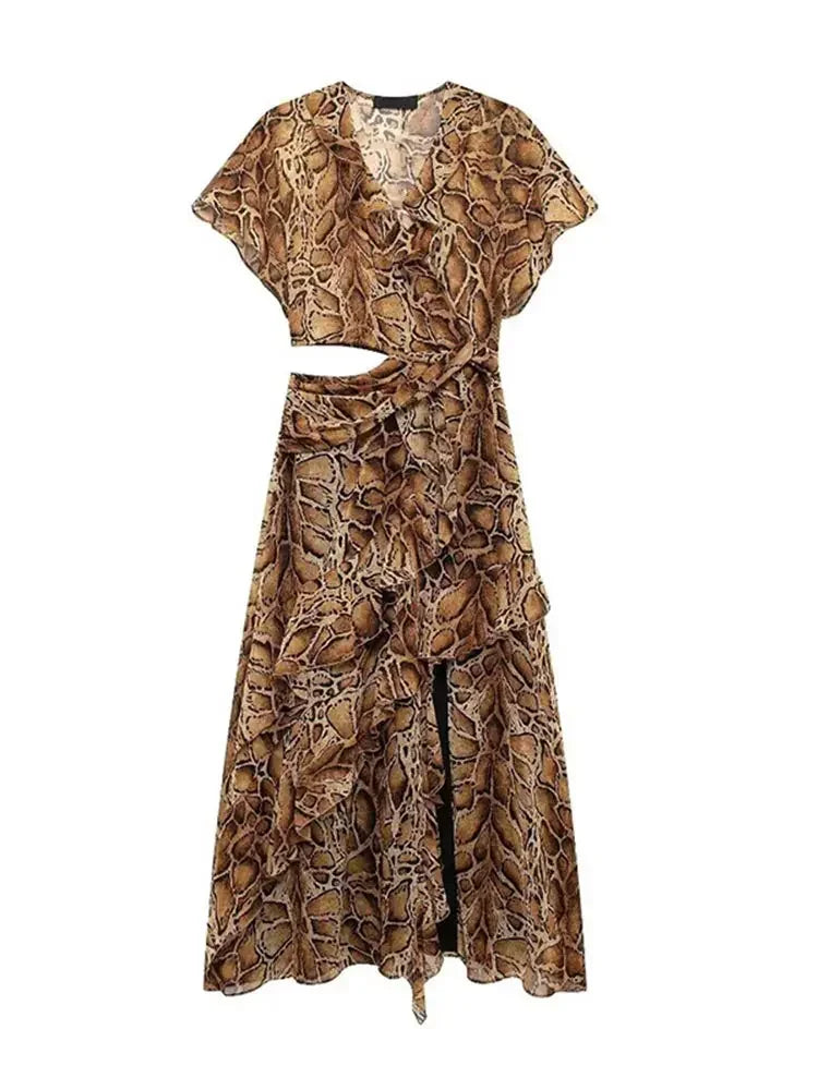 Aiertu  -  Women Fashion Printed Hollow Waist Split Midi Dress Elegant Irregular Ruffle Hem Short Sleeve Dresses 2026 Lady High Street Robe Aiertu