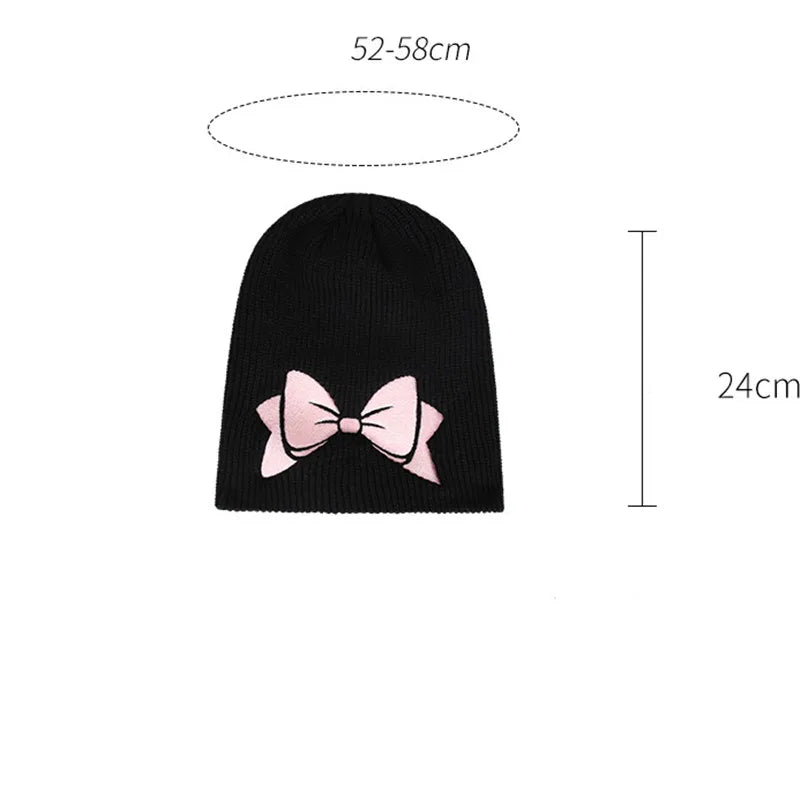 Aiertu  -  Autumn Winter Bow Embroidery Knitted Hats Women Girls Fashion Pink Bow Warm Adult Beanie Hat Korean Skullies Caps Female Bonnet Aiertu