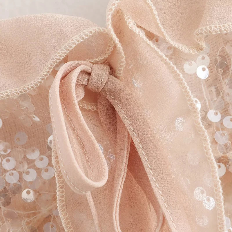 Aiertu  -  Fashion Sequin See-through Top Women Sling Sleeveless Backless Ruffle Ribbon Tops Female 2025 Spring Summer Chic Solid Lady Tank Aiertu