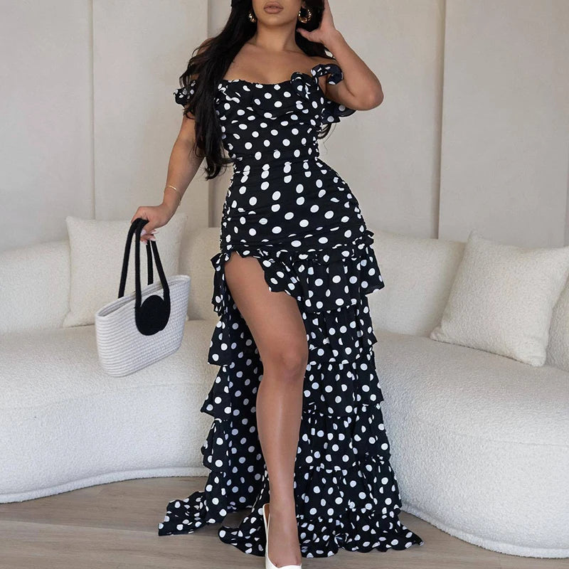Aiertu  -  Polka Print Off Shoulder Women's Party Dress Elegant Ruffle Slim Irregular Long Dress Fashion Summer Split Layered Cake Dresses Aiertu