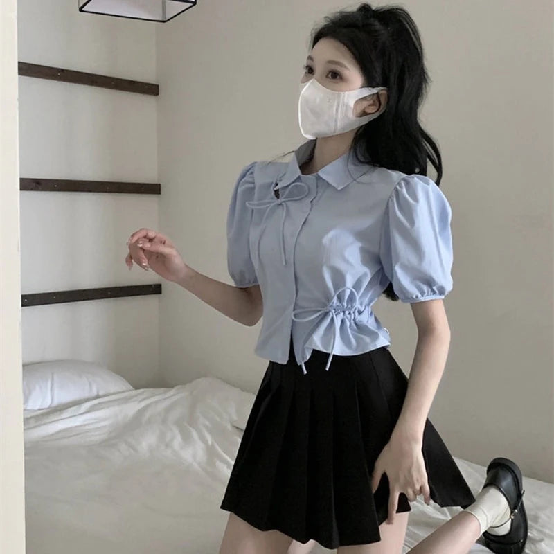 Aiertu Sweet Bow Shirts Women Streetwear Hollow Out Folds Crop Tops Summer Korean Kawaii Fashion Puff Short Sleeve Tunic Tops New Aiertu