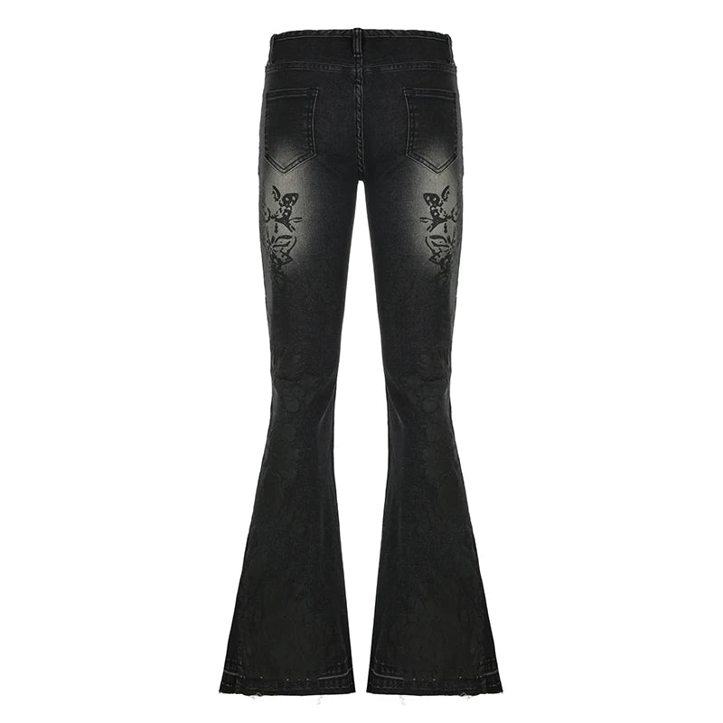 Aiertu  -  Vintage Plant Print Washed Low Waist Flared Jeans Y2K Fashion Aesthetic Slim Fit Graphic Denim Trousers High Street Aiertu