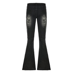 Aiertu  -  Vintage Plant Print Washed Low Waist Flared Jeans Y2K Fashion Aesthetic Slim Fit Graphic Denim Trousers High Street Aiertu