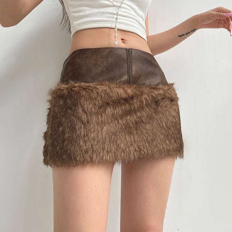 Aiertu  -   party look snspos Women Faux Leather Patchwork Furry Short Skirt Vintage Stylish High Street Mini Skirt Rave Outfits Lady Winter Aiertu
