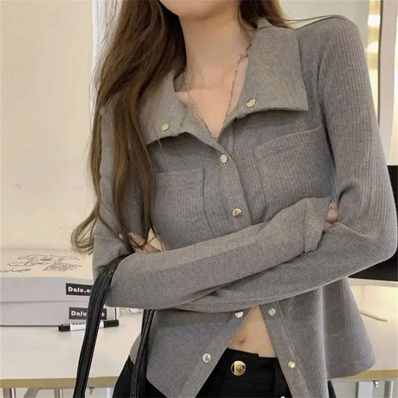 Aiertu Women T-shirt Spring Autumn Clothes Ribbed Knitted Long Sleeve Short Tops Zipper Design Tee Sexy Female Slim Tops Aiertu