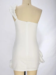 Aiertu Elegant White Mini Dresses 3D Flower Luxury One Shoulder Sleeveless Pleated Cocktail Party Evening Bodycon Dress Female Aiertu
