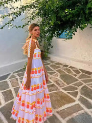 Aiertu  -  Halter Lace Up Print Dress Cake Contrast Color Pleated Layered Suspender Baggy Women Beach Strap Long Dresses Fuffy Robes Summer Aiertu