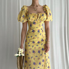 Aiertu - Puff Sleeve Floral Fields Maxi Dress Aiertu