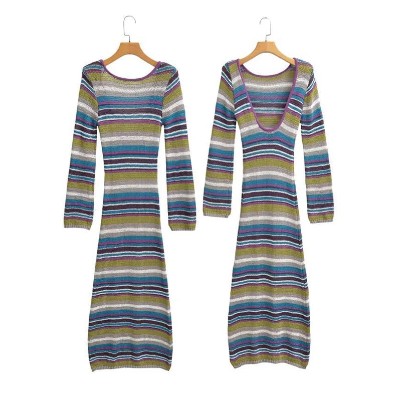 Aiertu  -  Colorful Knitted Women Dresses O Neck Stripe Rainbow Female Dress 2026 Fashion Long Sleeve Backless Casual Elegant Lady Vestidos Aiertu