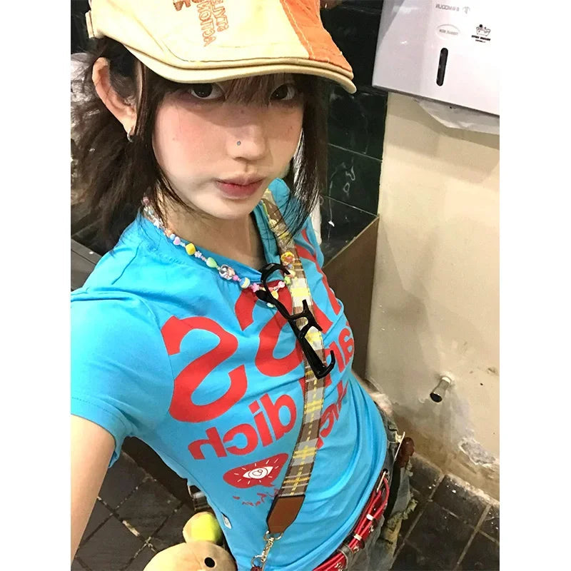 Aiertu  -  American Street Letter Print Short Sleeves Stylish Street Trend Tops Harajuku Style Millennial Hot Girl Y2k Short Sleeve T-shirt Aiertu