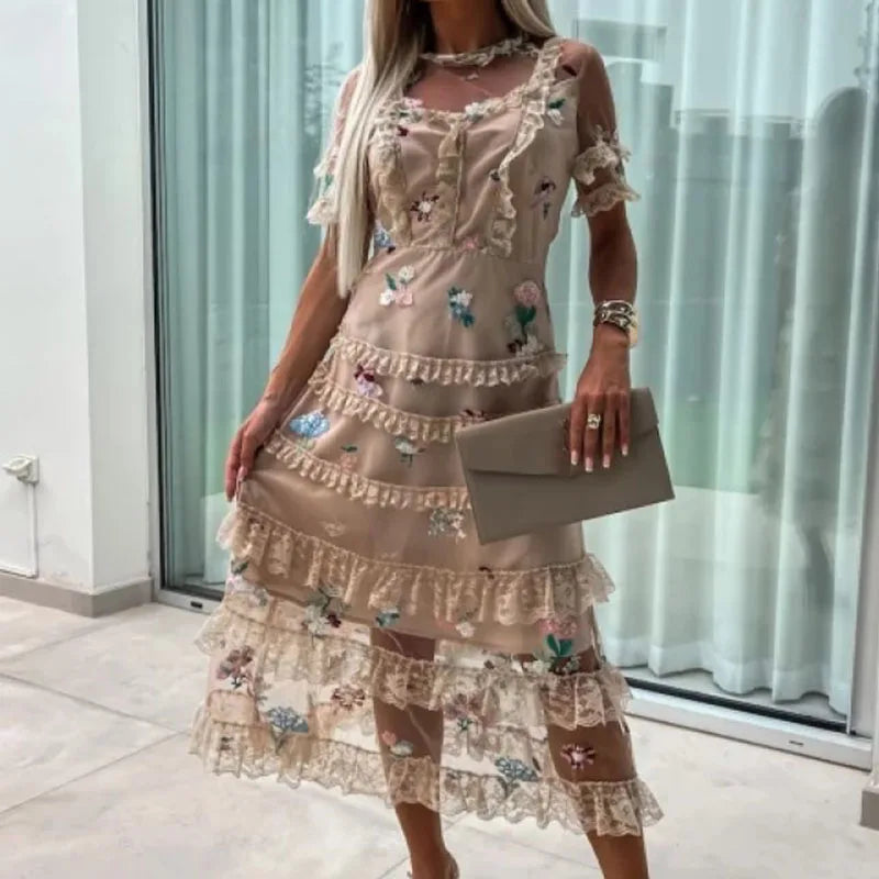 Aiertu  -  Summer Sexy Mesh Lace Patchwork Party Dress 2026 Women Elegant Flower Embroidery Evening Dress Fashion Half High Neck Long Dress Aiertu