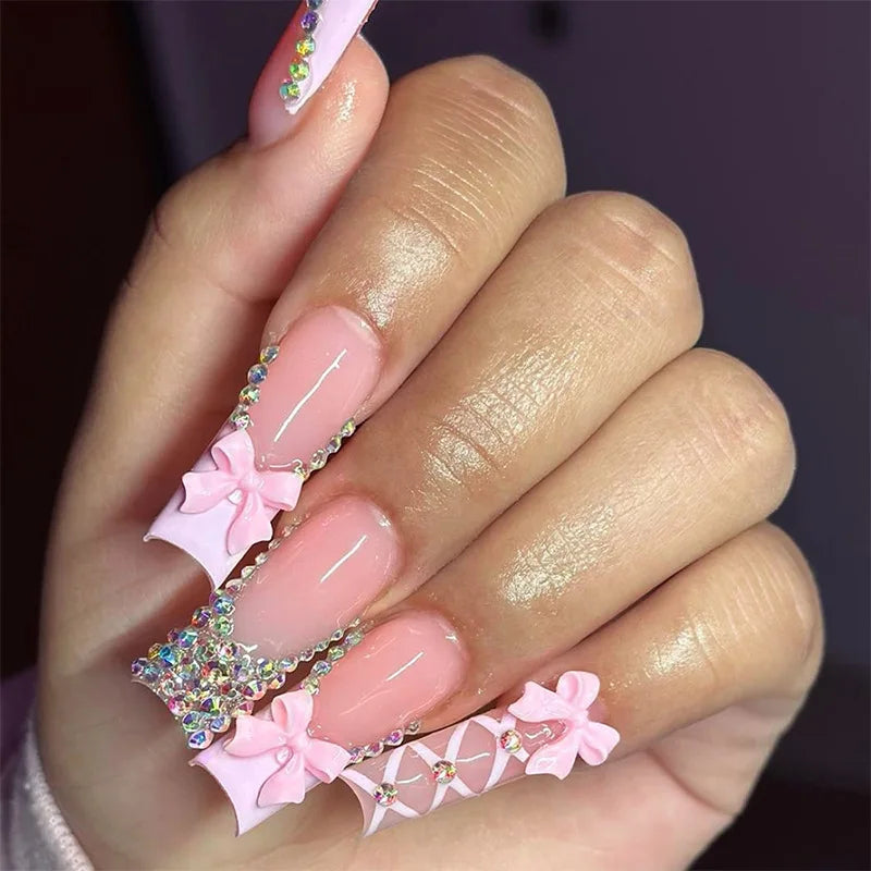 Aiertu  -  24PCS Long Square False Nails with 3D Bowknot Tie Designs Sweet Pink French Stick on Nails for Women Wearable Manicure Nail Tips Aiertu