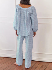 Aiertu  -   Women s Cozy Plaid Print Pajama Set with Long Lantern Sleeves and Elastic Waistband - Button Down Top and Lounge Pants for Fall Aiertu